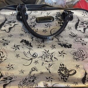 Betsey Johnson Silver Satchel with Black Artistic Patterns